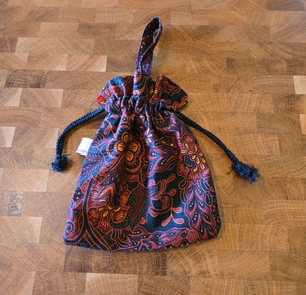Drawstring Wristlet Pouch in Navy and Rust Floral Print